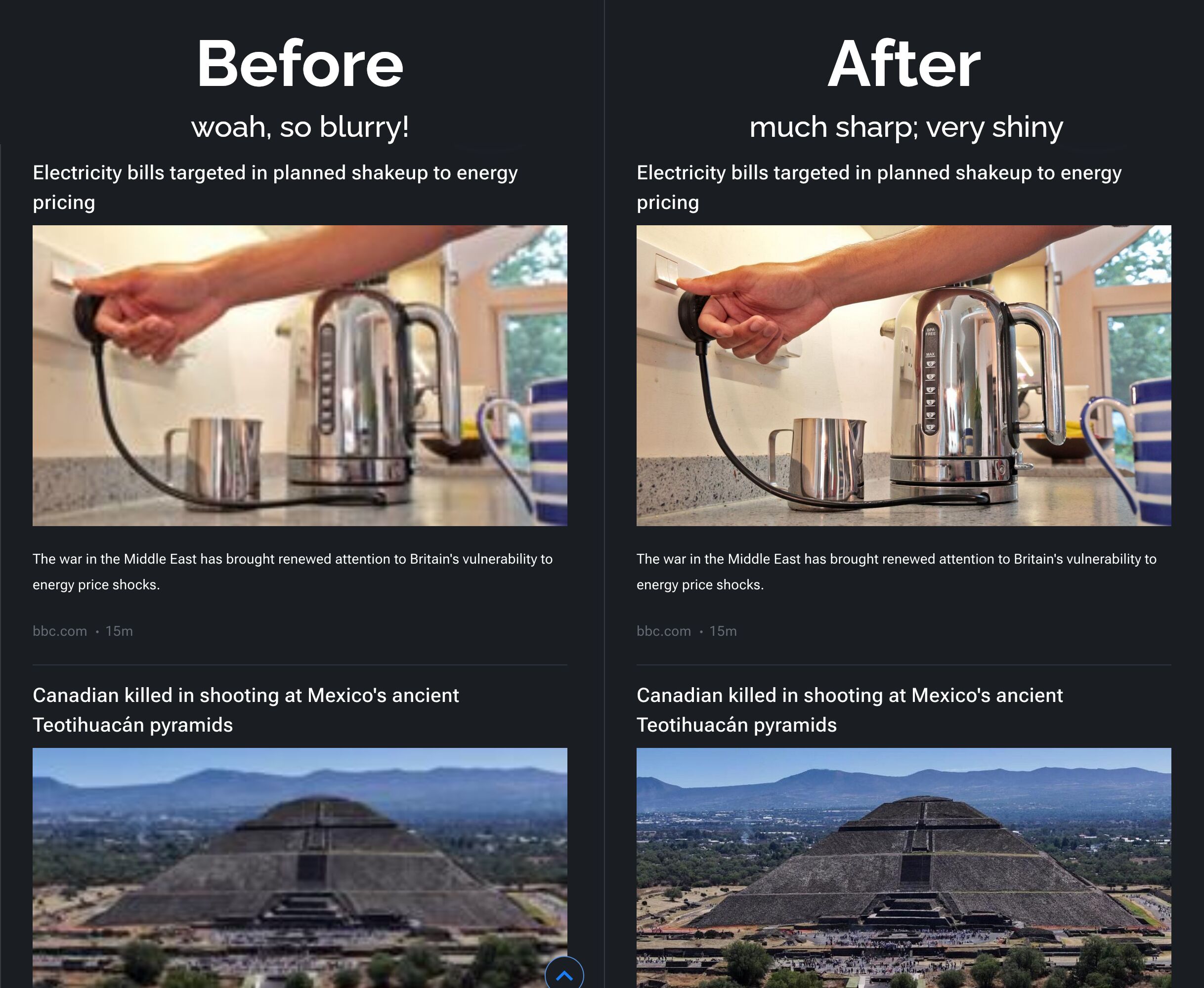 Full image of Before and after screenshots of an RSS reader showing BBC news stories. The thumbnails in the "after" side are visibly higher-resolution.