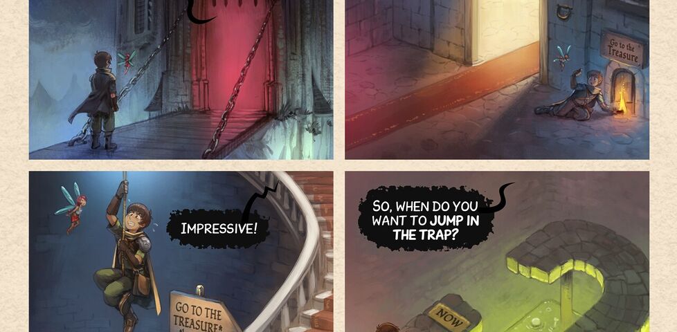 The Dungeon of Dark Patterns A comic in four panels Panel 1. The adventurer and his fairy are in front of the door of a nightmarish dungeon, it's dark, foggy, and the inside the door we can't see anything except a deep red light. > Dungeon: "Welcome adventurers, to the Dungeon of Dark Patterns!" Panel 2. In one room of the dungeon, a giant beautiful and inviting door with a red carpet, and on the side, in the shadow a too little door. Writing on big door: Go to the trap, on small door: Go to the treasure. The adventurer crouch and do a little sign to the fairy to follow him to the little door. > Dungeon: "Ha ha, you're good!" Panel 3. The aventurer is now putting some effort climbing on an old rope in the middle of a room with a beautiful luxuous stairway with a red carpet on the side. A sign tells "GO TO THE TREASURE but pass by the trap" in direction of the beautiful stairs; and "(other options)" in small and in the shadow in direction of the rope. > Dungeon: "Impressive!" Panel 4. Top down view on the adventurers shrugging in front of the fairy, they reached a dead end. A short path on the right has on the ground the word "Now", and a longer path "Later". Both lead to a giant pool of green acid where bones and skulls are floating. > Dungeon: "So, when do you want to jump to the trap?"
