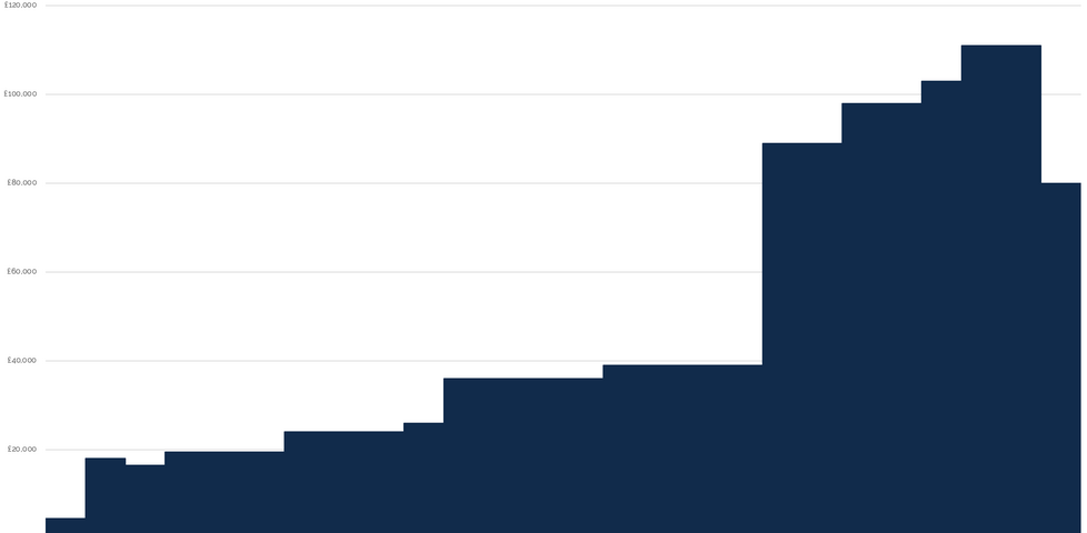 Graph showing my salary history: the same data as is in the table above.