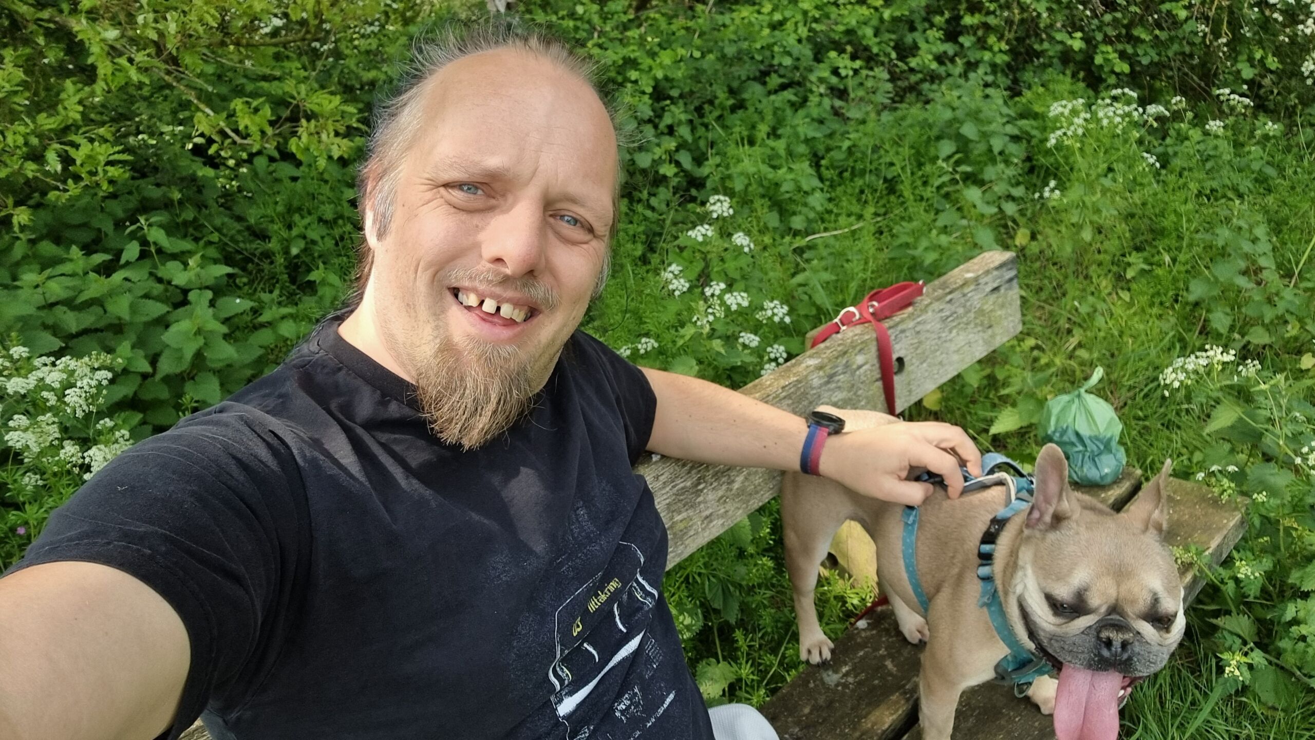 Full image of Dan, a white man with a goatee beard, sits on a wooden bench in a shady area, alongside a French Bulldog.