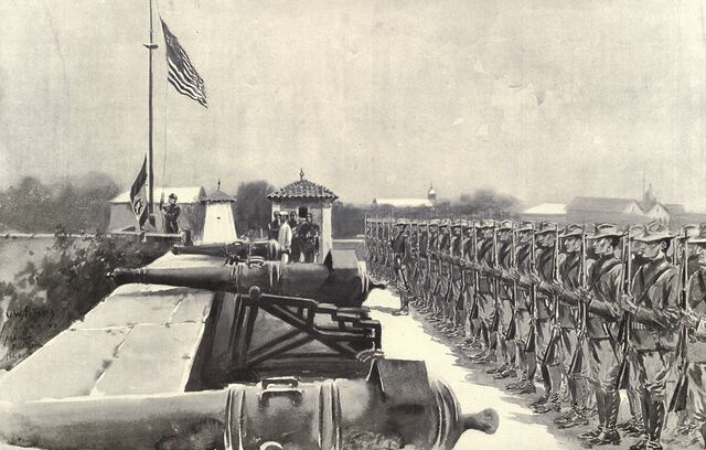 Drawing showing American troops standing at attention on a fort with cannons, as the American flag is raised and the Spanish flag is lowered.