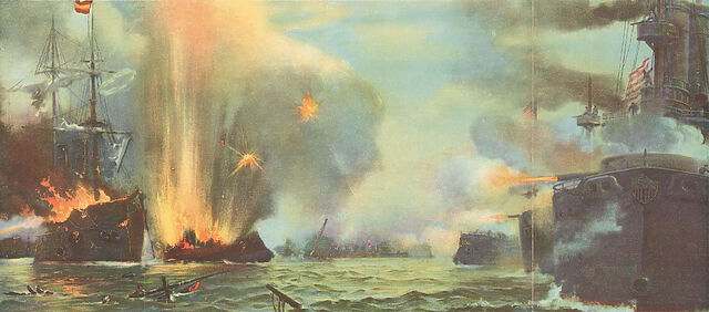 Fanciful patriotic painting showing flaming wooden Spanish warships being bombarded by the guns of a line of steel American battleships.