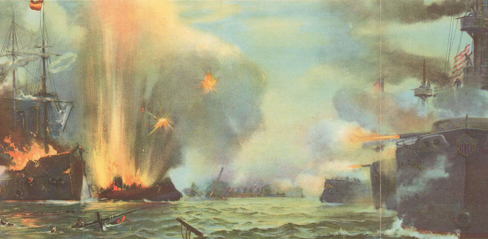 Fanciful patriotic painting showing flaming wooden Spanish warships being bombarded by the guns of a line of steel American battleships.