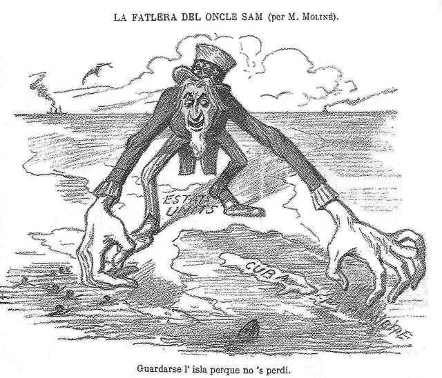 Spanish propaganda cartoon showing Uncle Sam standing atop the United States and reaching out his long arms and boney fingers across the Caribbean towards Cuba.