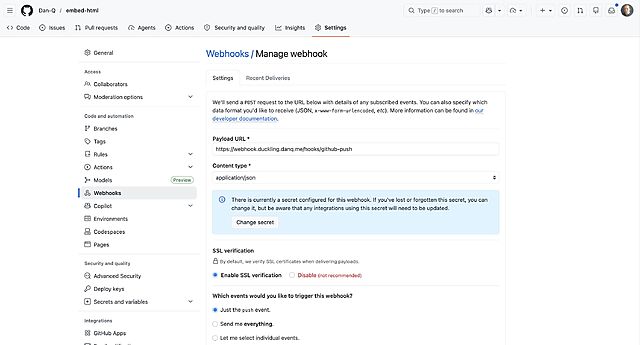 GitHub webhook pointing to https://webhook.duckling.danq.me/hooks/github-push, with a secret set and SSL verification enabled, triggered by a push event.