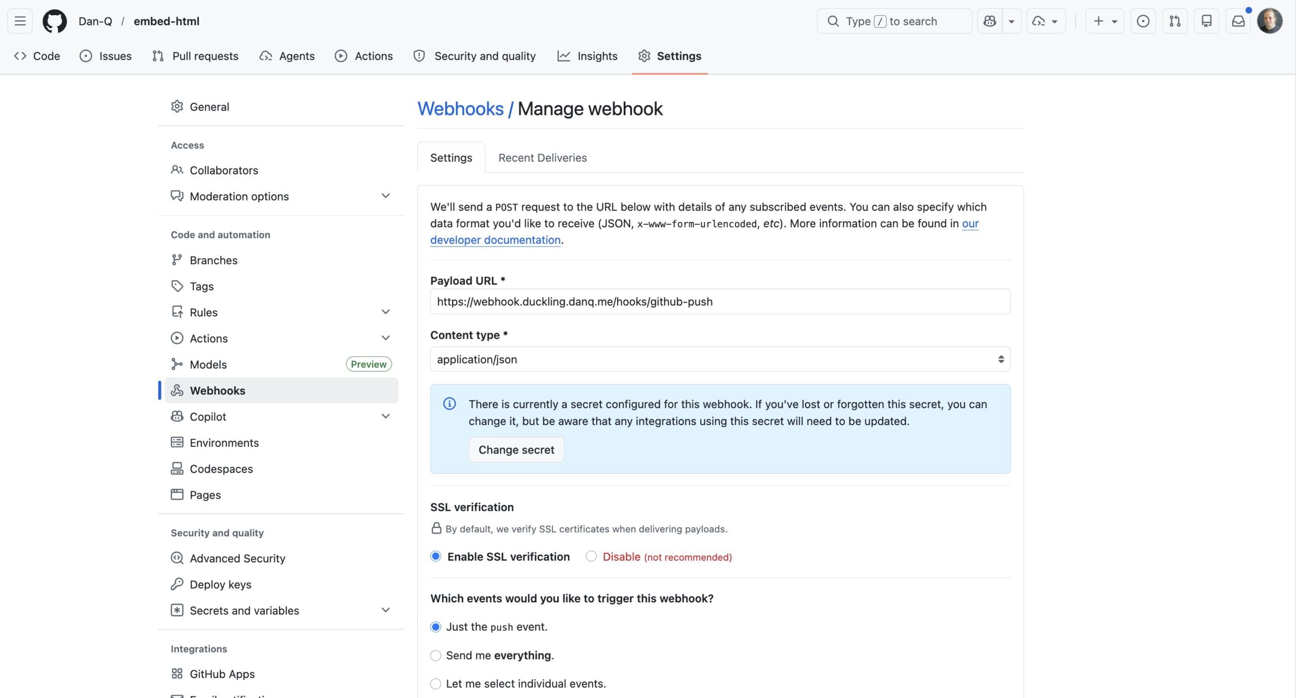 Full image of GitHub webhook pointing to https://webhook.duckling.danq.me/hooks/github-push, with a secret set and SSL verification enabled, triggered by a push event.