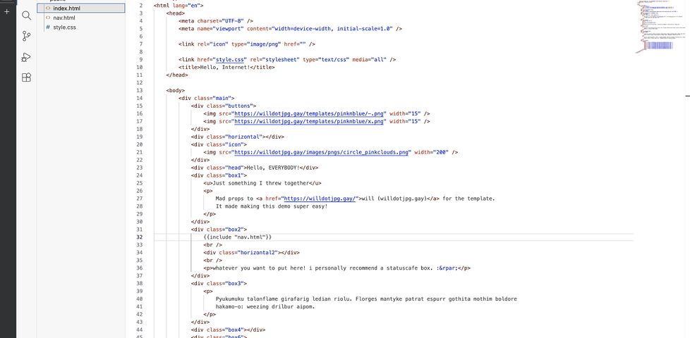 Screenshot showing VSCode running in a web browser, being used to edit a static HTML website.
