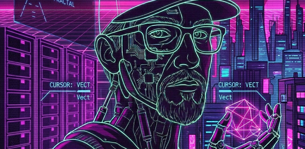 AI-generated EP cover of Built In Obsolescence by PAIgan Wanderer Lu, showing a neon digital outline of Andy.