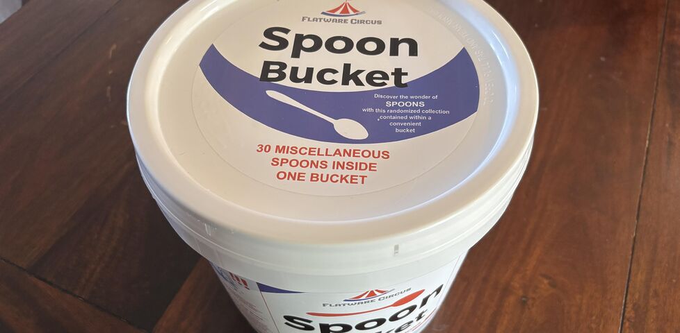 2 gallon white plastic bucket, labeled: - Flatware Circus - Spoon Bucket - Discover the wonder of spoons with this randomized collection contained within a convenient bucket - 30 miscellaneous spoons inside one bucket