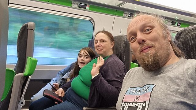 Dan on a speeding train.