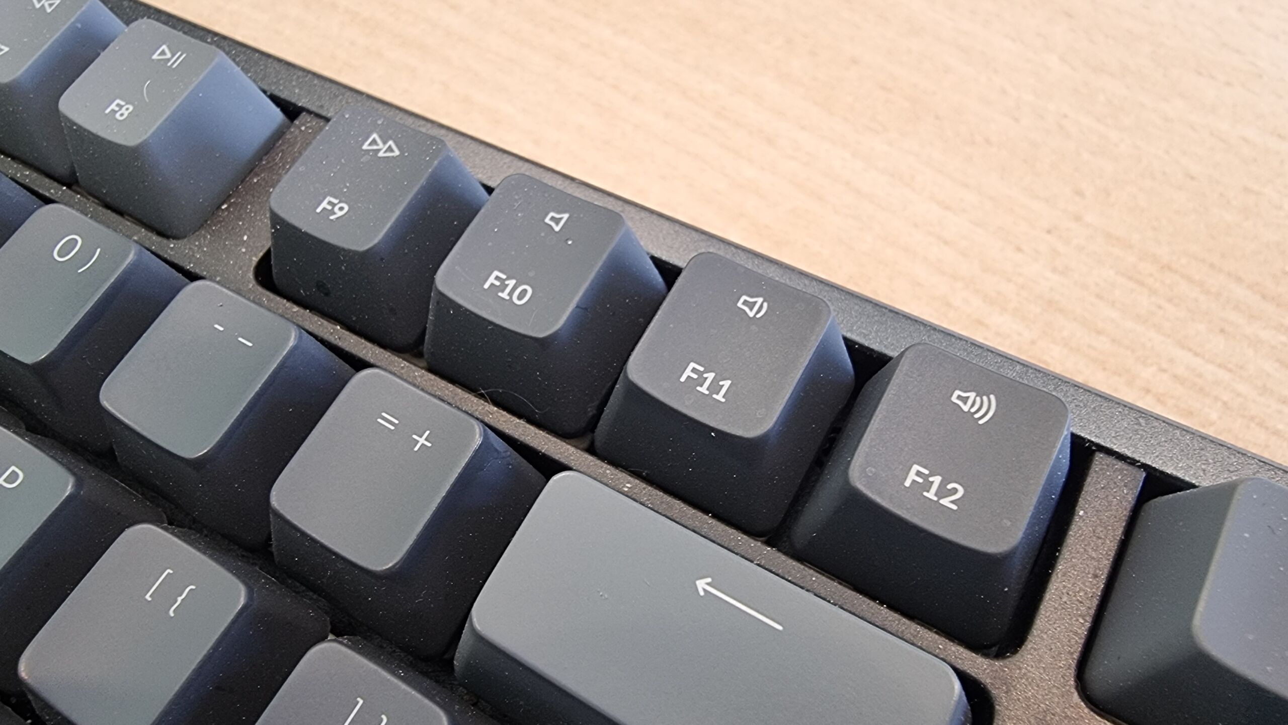 Full image of Close-up of Mac-style double-duty function keys F9 through F12, for fast-forward, mute, volume-down and volume-up respectively.