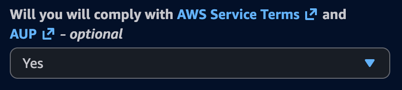 Full image of Screenshot of dropdown field labelled 'Will you will comply with AWS Service Terms and AUP - optional', currently set to 'Yes'. The label is saying that the field is optional, but the joke is that it sounds like complying with the terms of service is optional.
