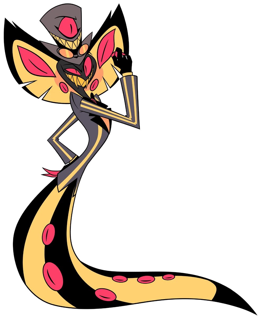 Full image of Sir Pentious, an anthropomorphic snake from Hazbin Hotel, in black and yellow longitudinal stripes with red 'eyes'.