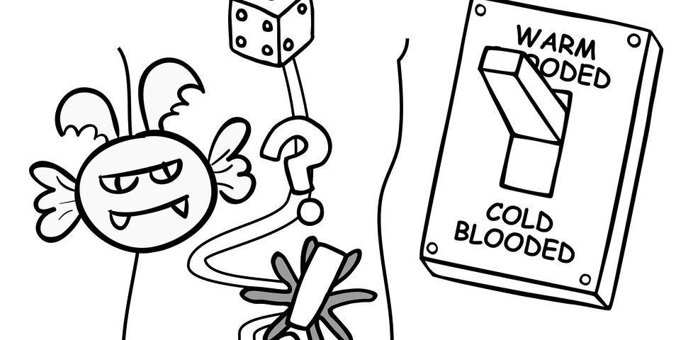 Illustration showing a flying monster passing in front of a digestive system diagram decorated with symbols of dice and punctuation marks, alongside a light switch toggling 'warm blooded' and 'cold blooded' modes.