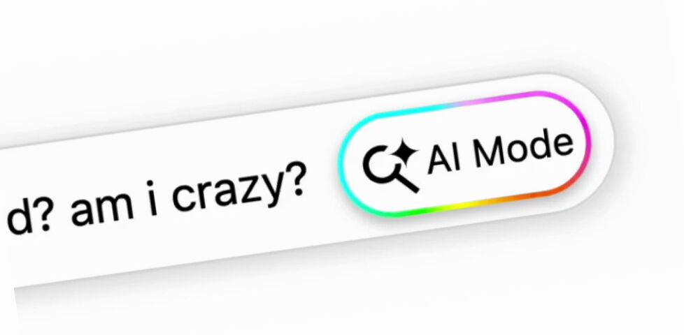 Close-up of a skewed Google-style search bar with a query ending 'am i crazy?', with a prominent rainbow-bordered 'AI Mode' button.