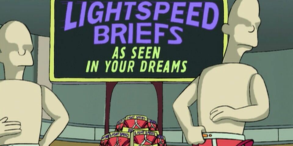 Scene from Futurama, showing a display of Lightspeed Briefs with the slogan 'as seen in your dreams'.
