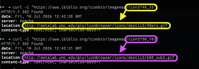 Demonstration using curl of a request to an image map URL, including a pair of coordinates as the query string, resulting in two different redirects as a result of two different coordinate pairs.