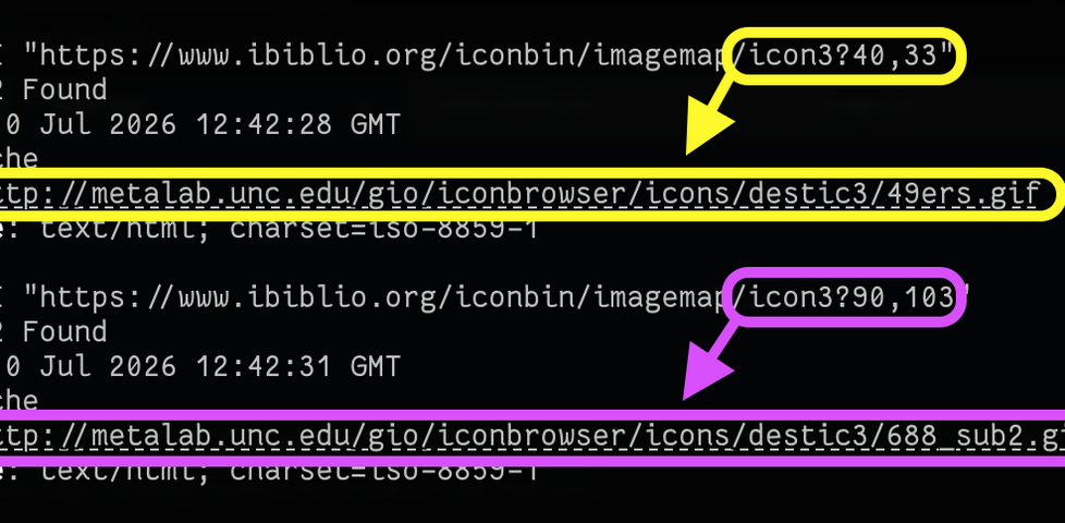 Demonstration using curl of a request to an image map URL, including a pair of coordinates as the query string, resulting in two different redirects as a result of two different coordinate pairs.