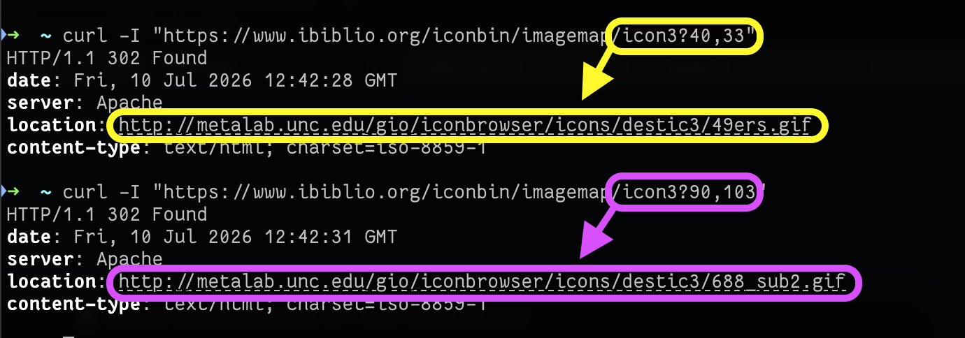 Full image of Demonstration using curl of a request to an image map URL, including a pair of coordinates as the query string, resulting in two different redirects as a result of two different coordinate pairs.