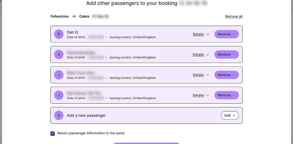 Screenshot showing a web form with Dan Q and three other passengers on the outbound leg of a journey. Personal details appear to be blurred, but are actually spoofed AND blurred, per Dan's tradition. A 'Return passenger information is the same' checkbox is checked.