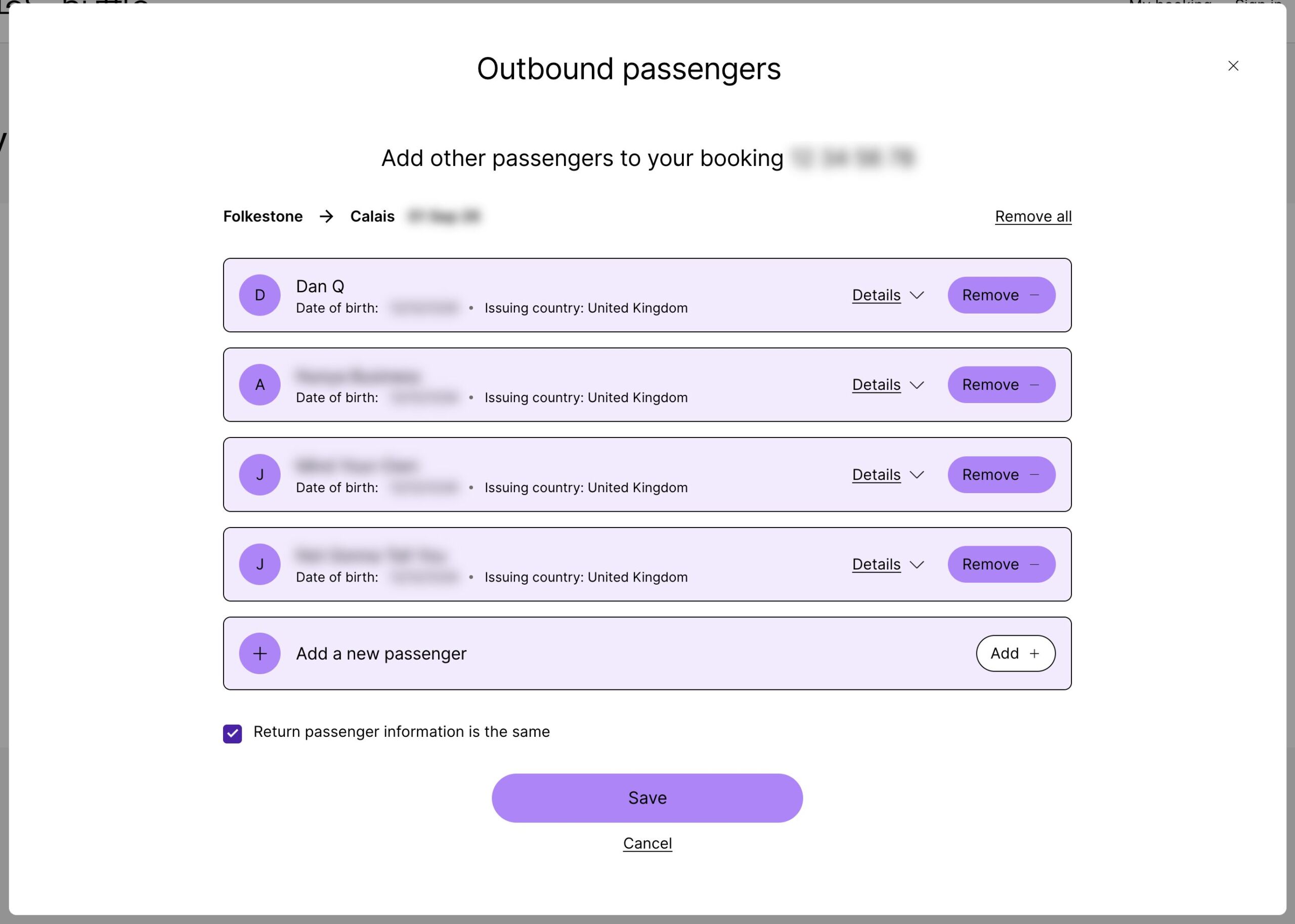 Full image of Screenshot showing a web form with Dan Q and three other passengers on the outbound leg of a journey. Personal details appear to be blurred, but are actually spoofed AND blurred, per Dan's tradition. A 'Return passenger information is the same' checkbox is checked.