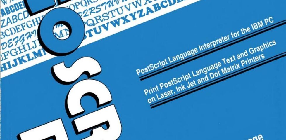 Computer manual cover printed in blue, black, and white. The title 'GoScript Plus' is askew at one angle, and everything else is askew at a right angle to that.