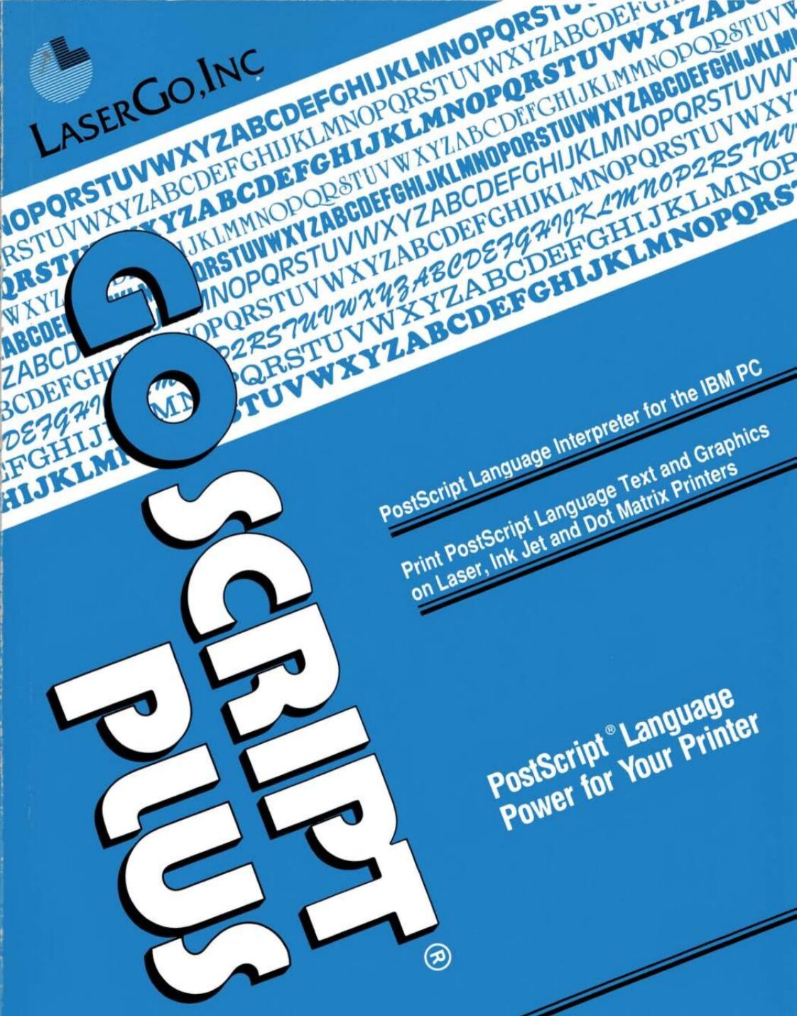 Full image of Computer manual cover printed in blue, black, and white. The title 'GoScript Plus' is askew at one angle, and everything else is askew at a right angle to that.