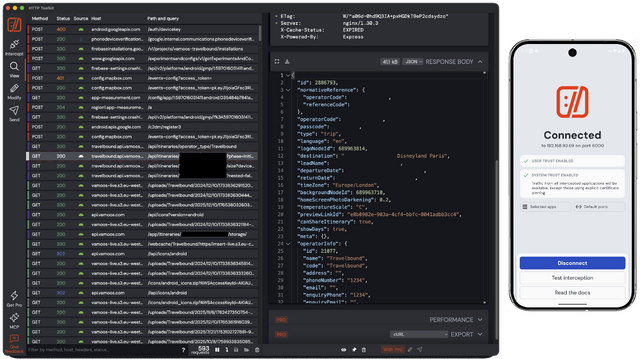 Screenshot showing the HTTP Toolkit application running on both MacOS and an emulated Android mobile, with User Trust and System Trust enabled.