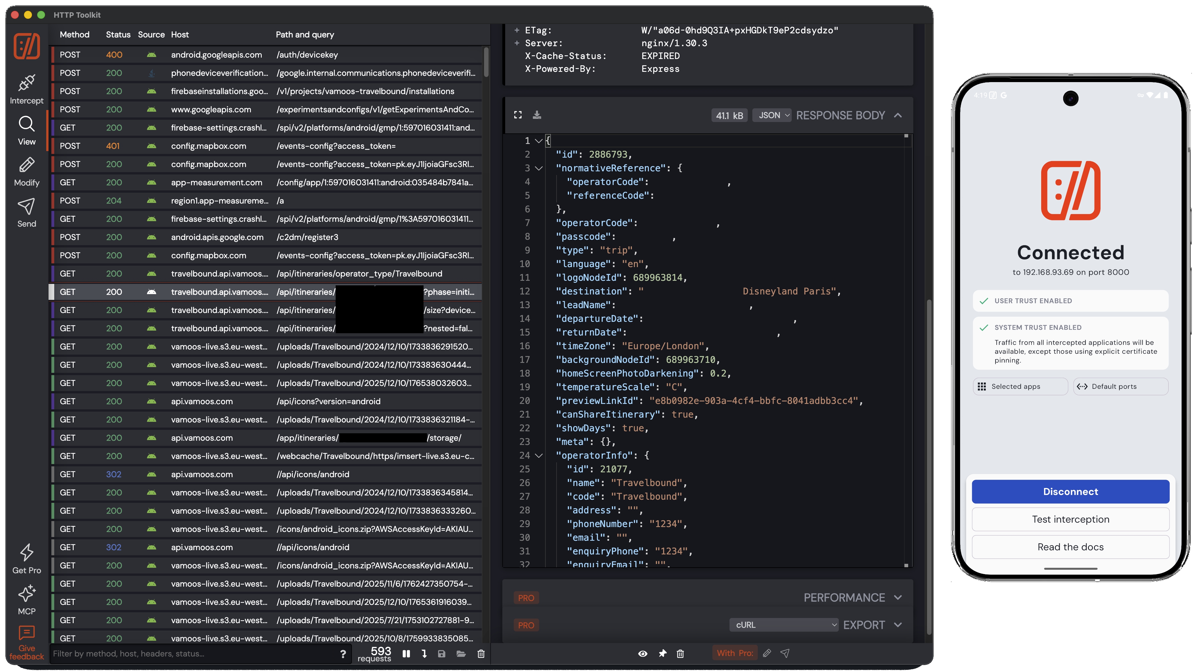 Full image of Screenshot showing the HTTP Toolkit application running on both MacOS and an emulated Android mobile, with User Trust and System Trust enabled.