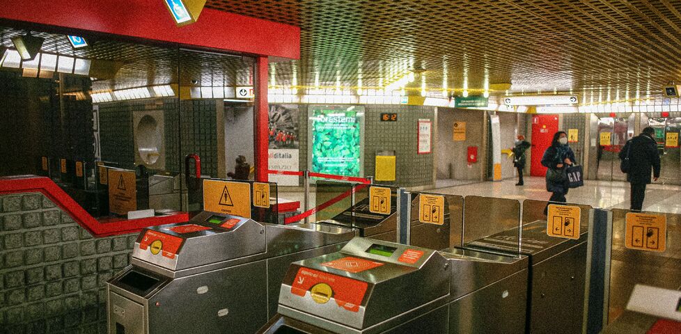 A row of ticket gates in a London Underground station.