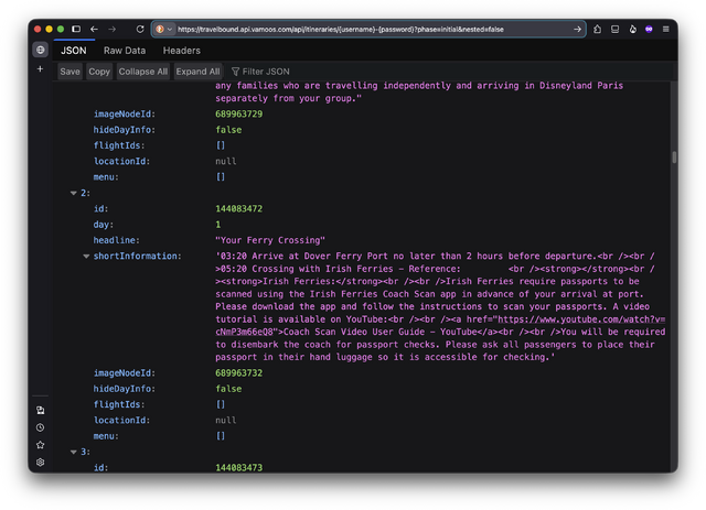Firefox showing a JSON document, focussing on a section about 'Your Ferry Crossing' with some accompanying HTML.