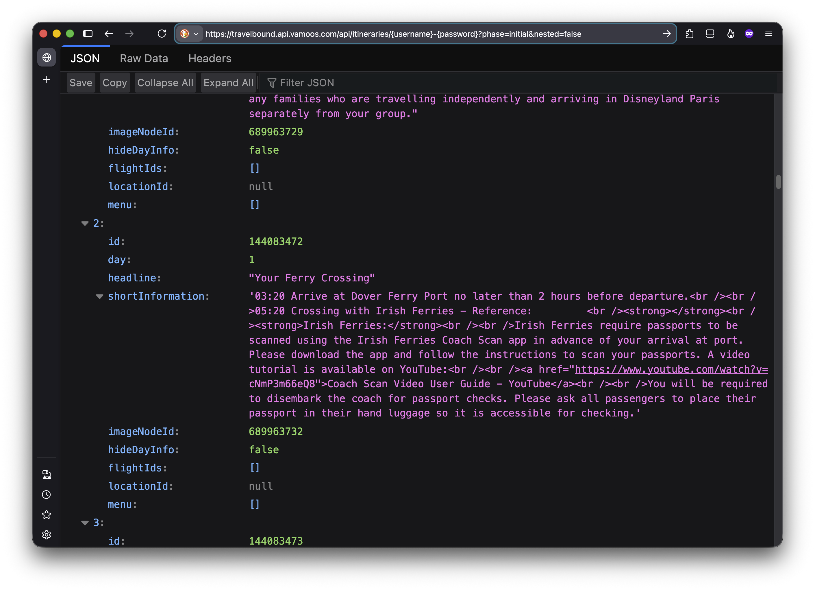 Full image of Firefox showing a JSON document, focussing on a section about 'Your Ferry Crossing' with some accompanying HTML.