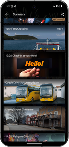 Screenshot of an Android app showing a summary itinerary: times for a 'ferry crossing', 'check in at your hotel', 'coach driver accommodation', 'disney's hotel cheyenne', and 'welcome gala', each with an attractive but generic photo.