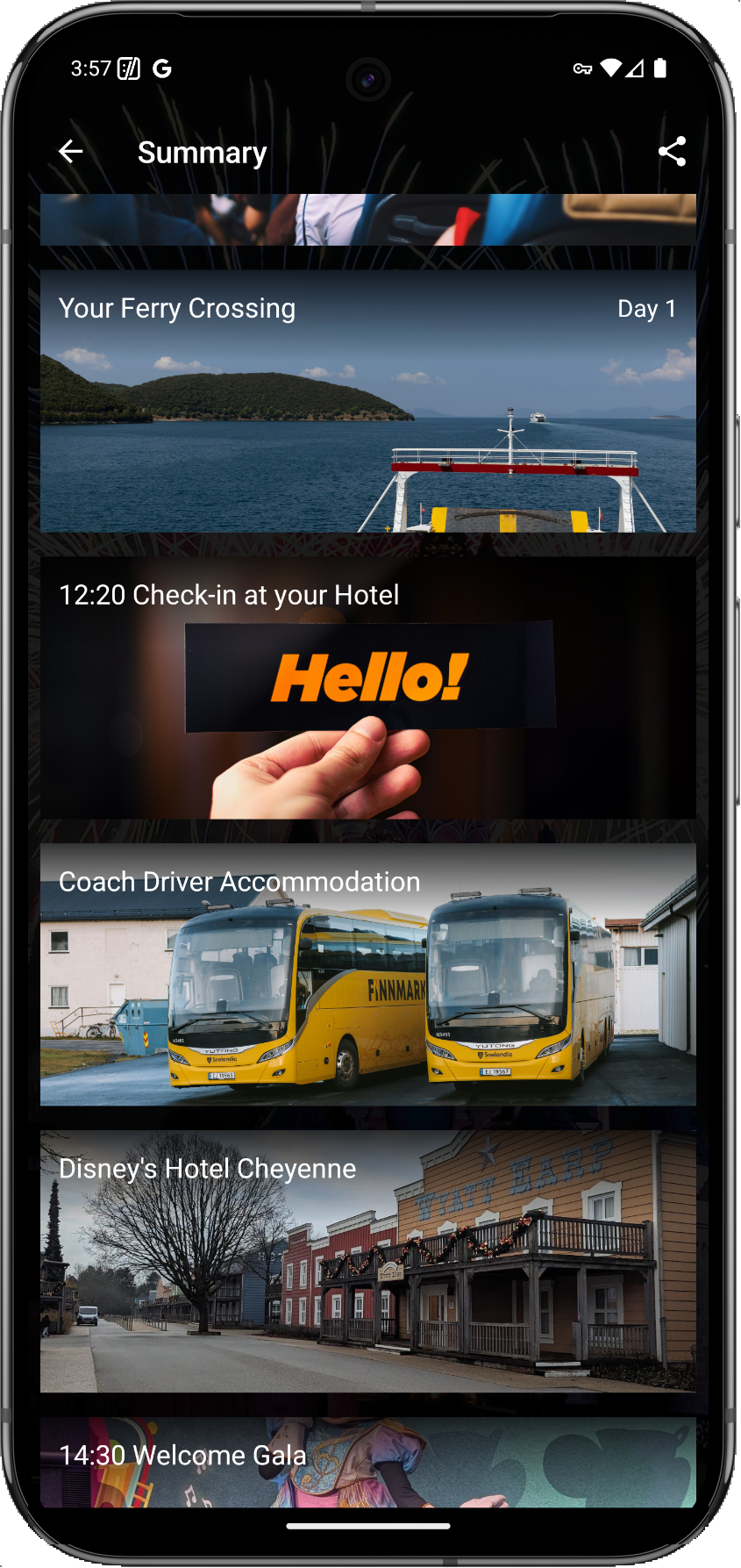Full image of Screenshot of an Android app showing a summary itinerary: times for a 'ferry crossing', 'check in at your hotel', 'coach driver accommodation', 'disney's hotel cheyenne', and 'welcome gala', each with an attractive but generic photo.