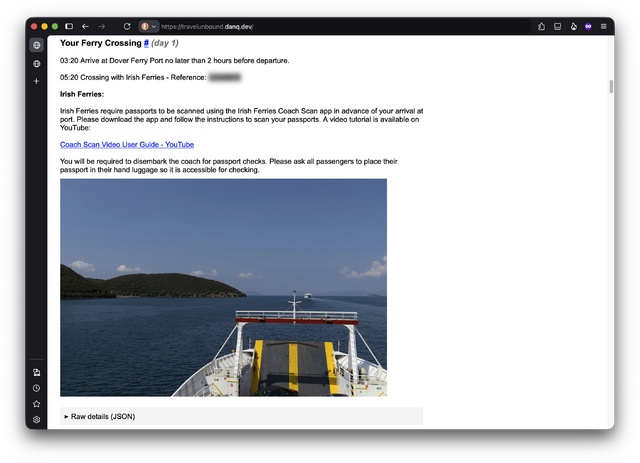 Screenshot of a simply-styled web page showing the same information about the ferry, along with a photo from its deck.