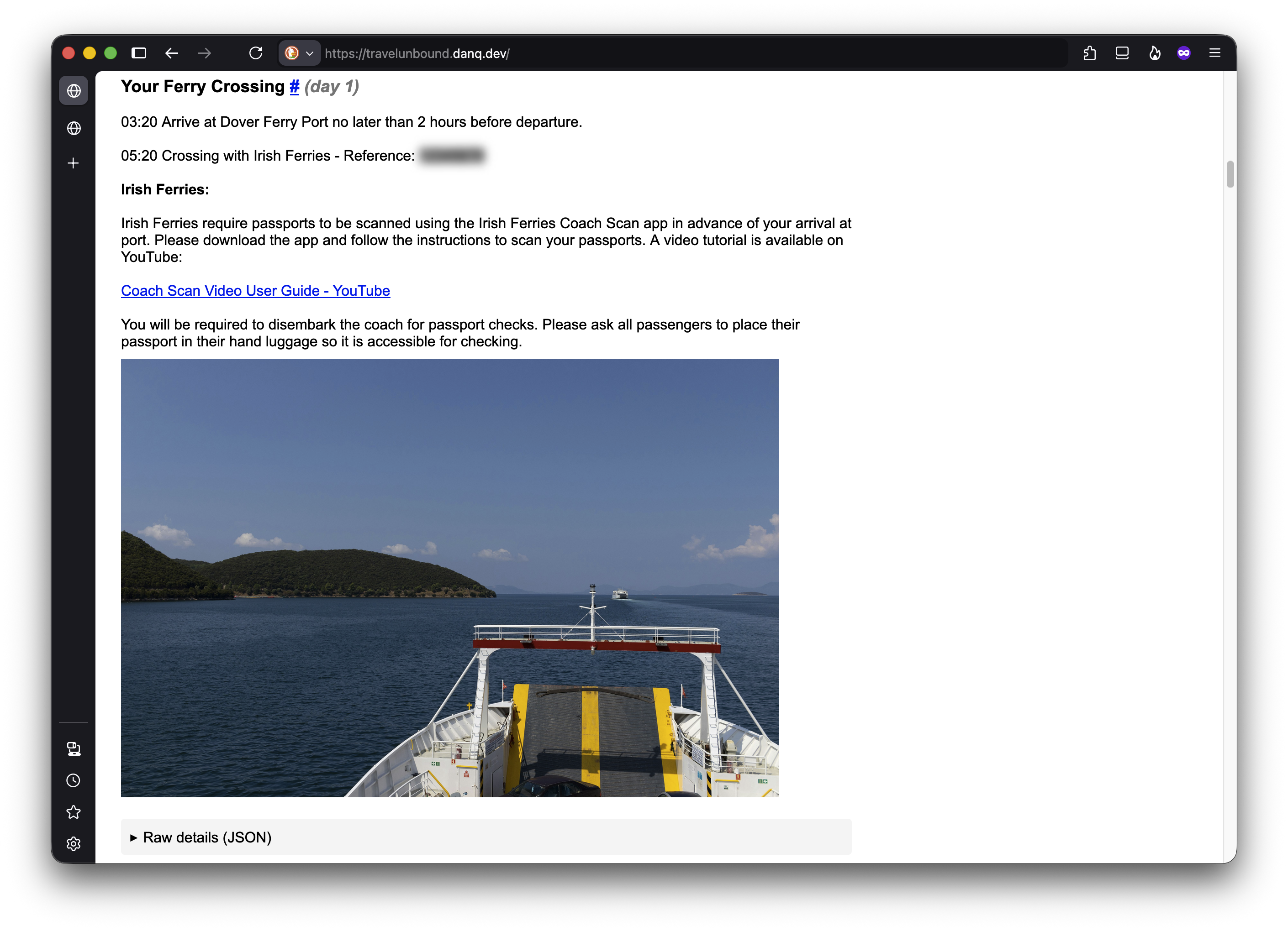 Full image of Screenshot of a simply-styled web page showing the same information about the ferry, along with a photo from its deck.