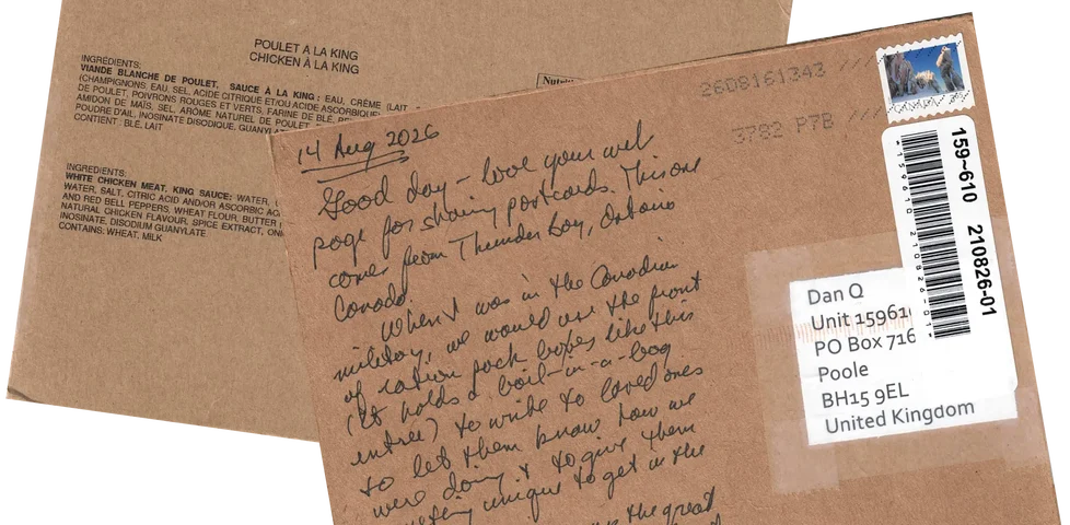 Composite photograph showing the front and rear of a postcard written on the cardboard packaging of a Canadian boil-in-the-bag food product.