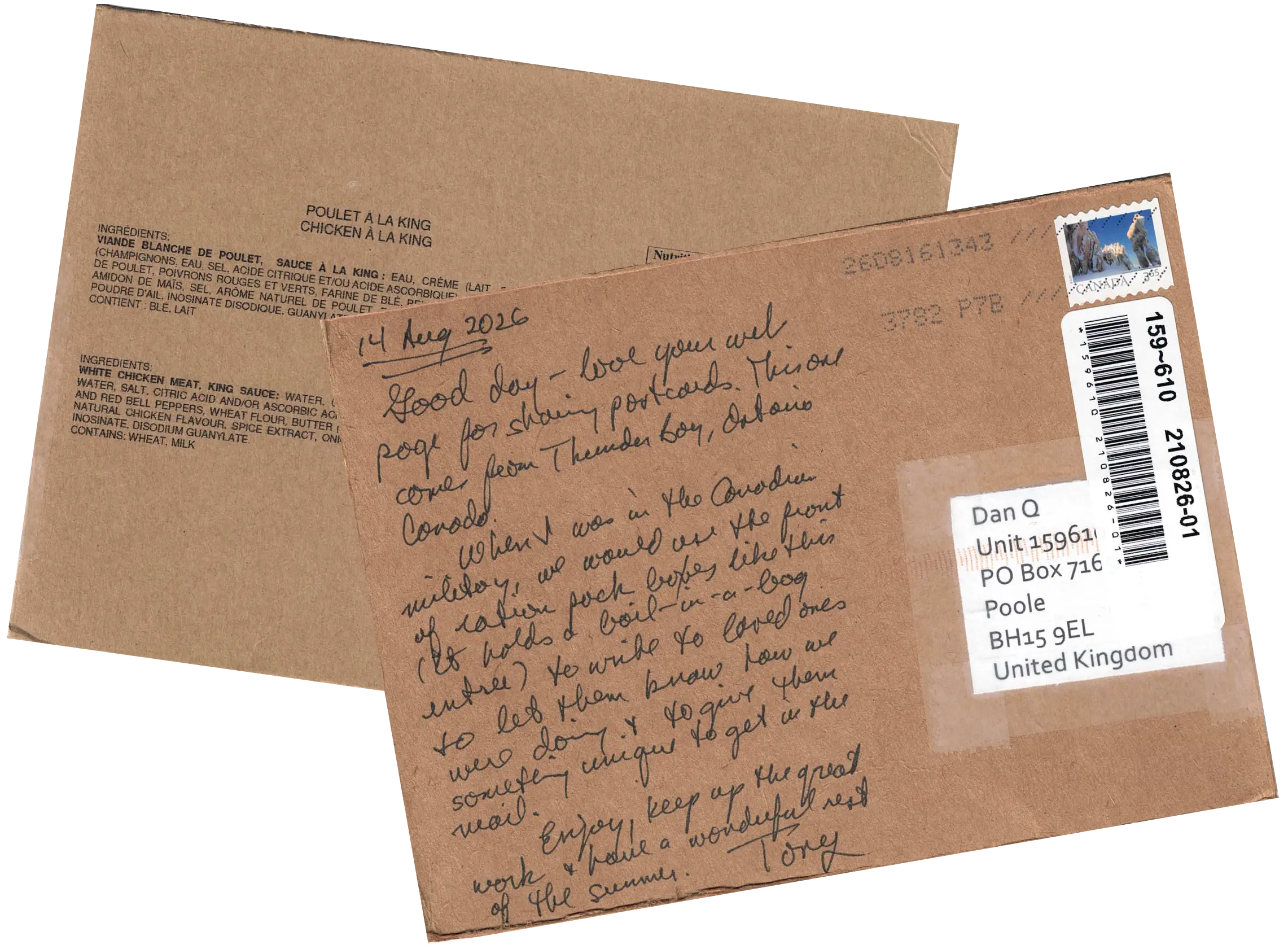 Full image of Composite photograph showing the front and rear of a postcard written on the plain brown cardboard bulk packaging of a Canadian boil-in-the-bag food product.