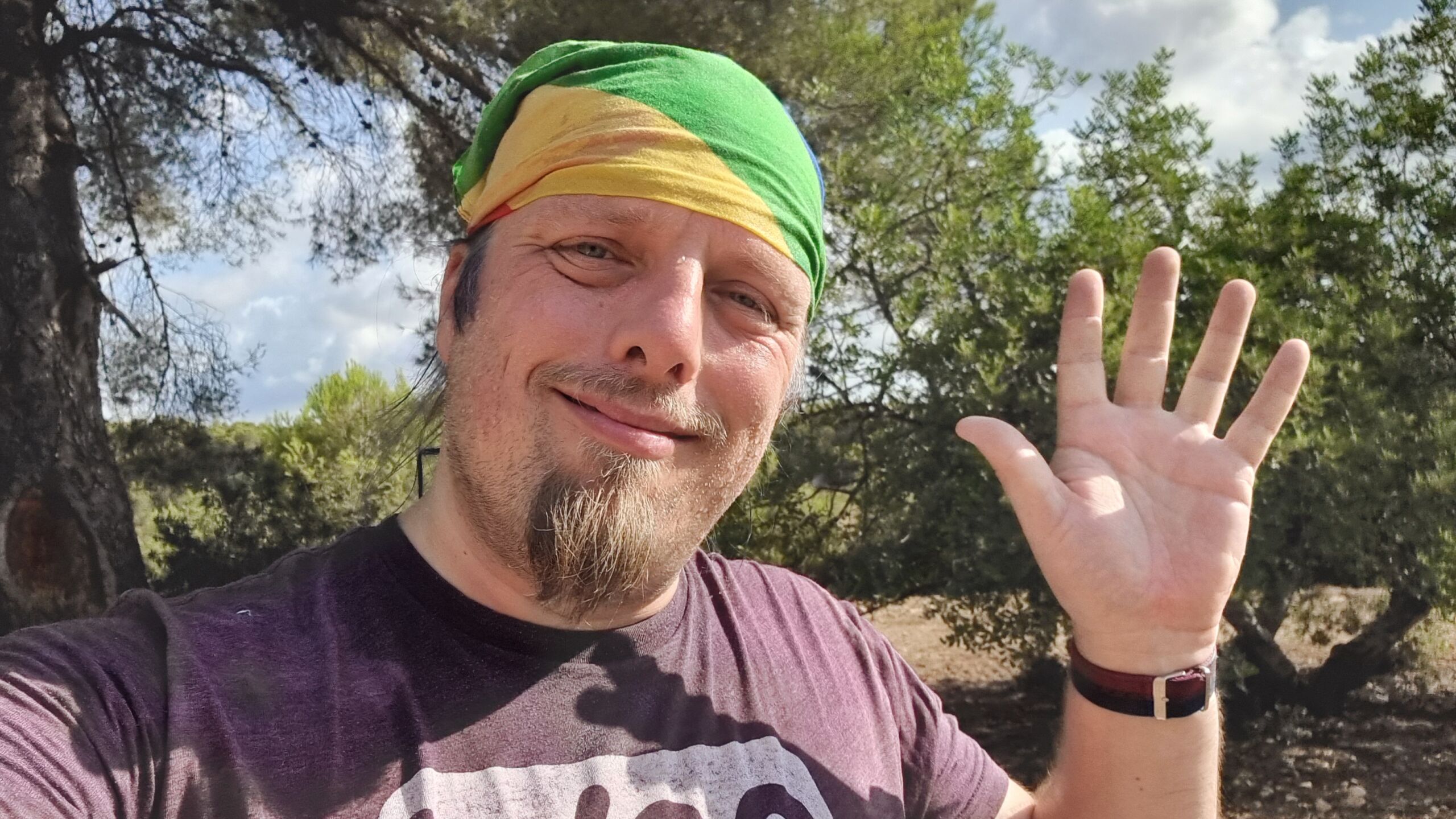 Full image of Dan waves in a bright forest.