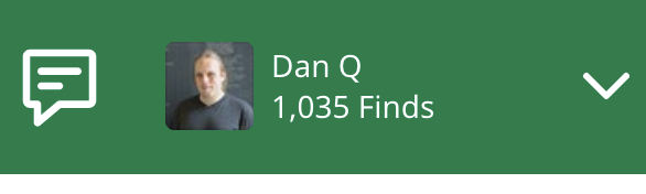 Full image of User information area from the top of a website, showing Dan Q with no incoming messages and, crucially," 1,035 finds".