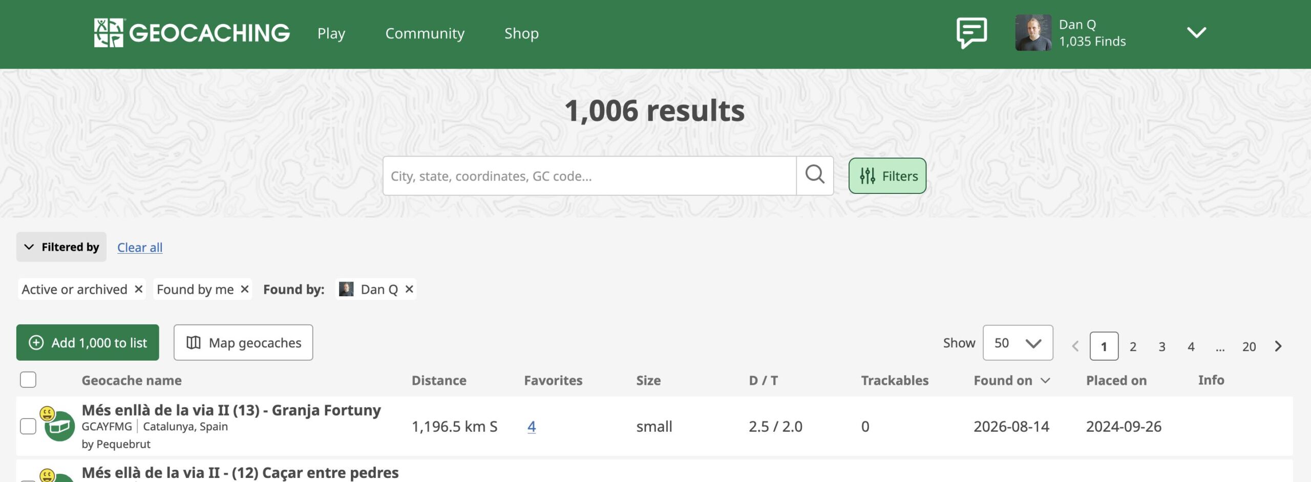 Full image of Screenshot showing that Dan Q has 1,035 finds, of which all 1,006 are shown in a table. Wait, what?