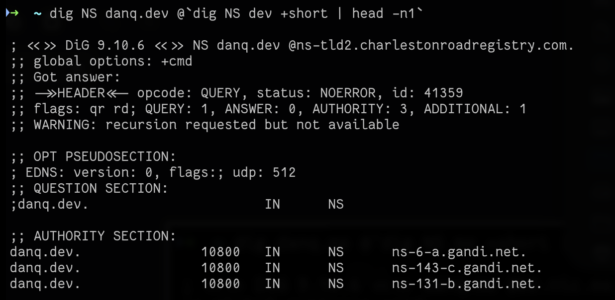 Full image of Terminal in which 'dig danq.dev @`dig NS dev +short | head -n1`' has been run, outputting NS responses representing three Gandi nameservers.
