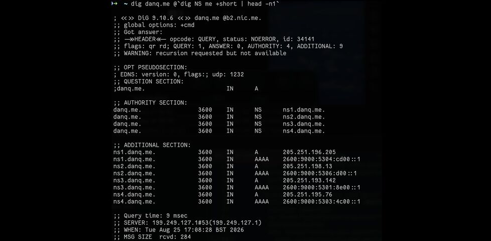 Terminal in which 'dig danq.me @`dig NS me +short | head -n1`' has been run, outputting NS responses ns1.danq.me through ns4.danq.me, with additional section records for A and AAAA records for each.