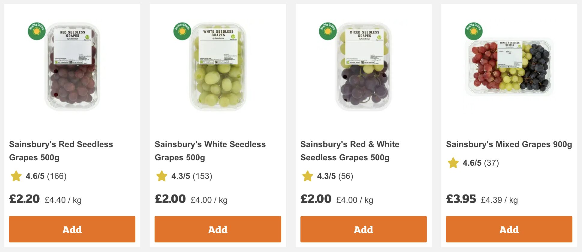Full image of Online shopping screenshot showing four packets of seedless grapes. 500g red grapes are £2.20; 500g white grapes are £2.00; 500g red & white grapes are £2.00; 900g mixed (red, white and black) grapes are £3.95.