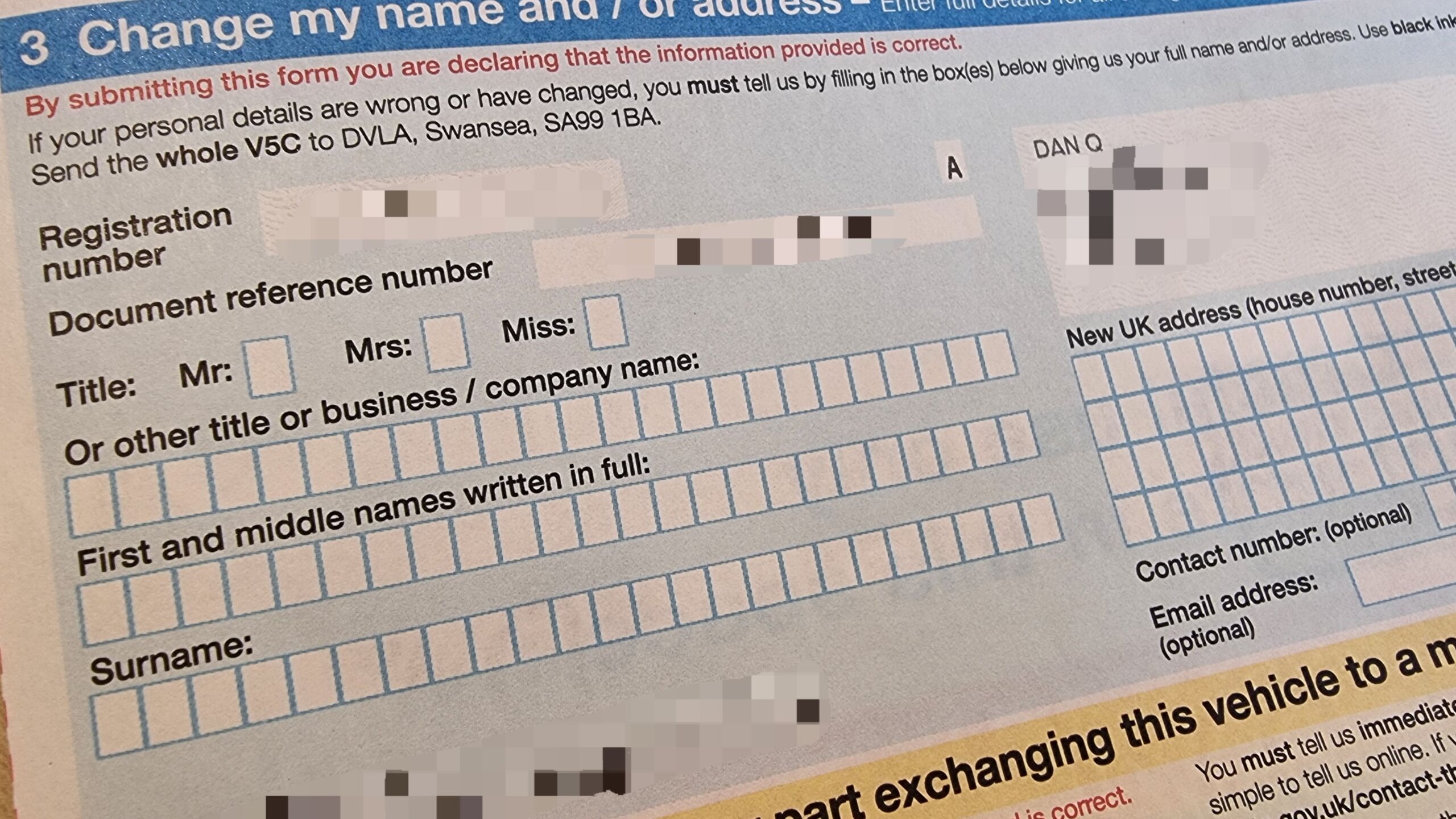 Full image of Close-up of page 3 of a V5C form, with personal information blurred.