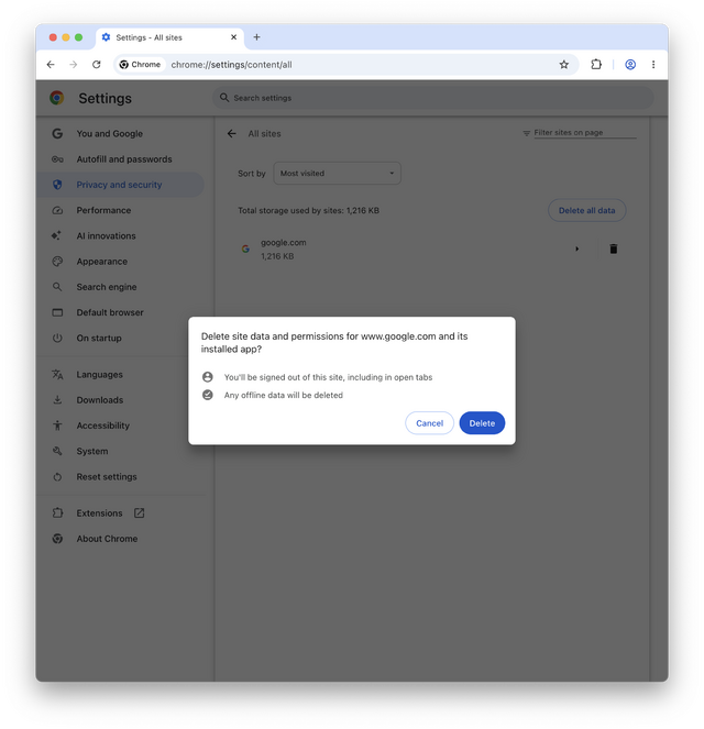 Delete site data and permissions for www.google.com and its installed app?