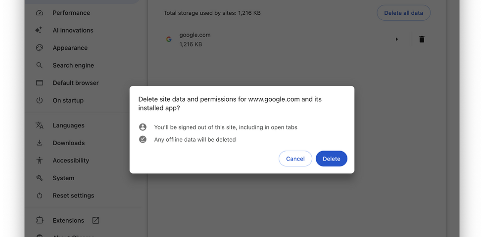 Delete site data and permissions for www.google.com and its installed app?