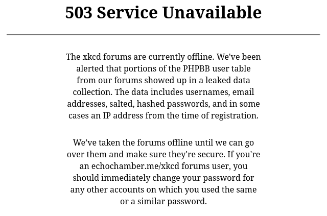 503 Service Unavailable page advising that the XKCD Forums are offline until they can be confirmed to be secure.