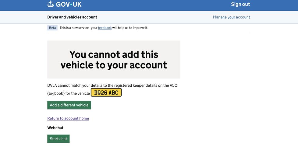 Screenshot of a gov.uk web page, showing the error "You cannot add this vehicle to your account. DVLA cannot match your details to the registered keeper details on the V5C (logbook) for the vehicle DQ26 ABC"