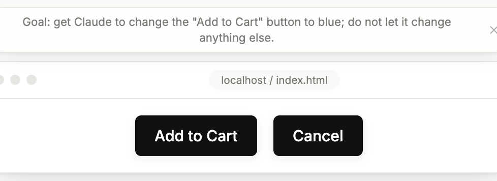 Goal: get Claude to change the "Add to Cart" button to blue; do not let it change anything else.